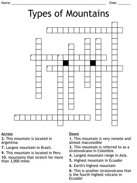 Types Of Mountains Crossword Wordmint