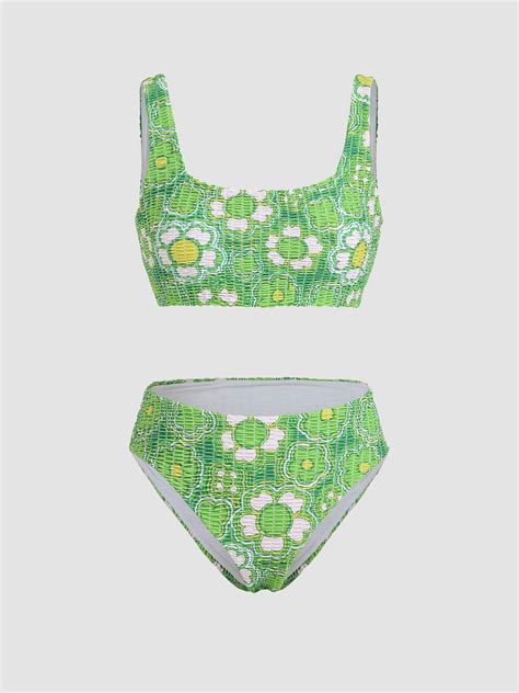 Floral Shirred Tank Bikini Set Cider