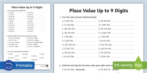 Place Value Up To 9 Digits Activity Sheet Teacher Made Worksheets