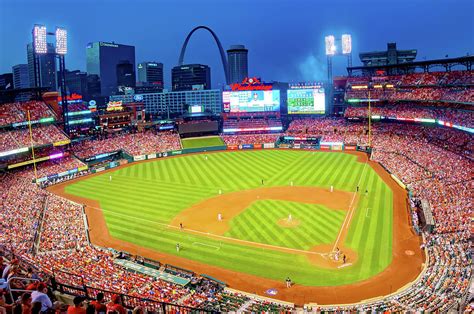 Busch Stadium Baseball And St Louis Skyline At Dusk Photograph By