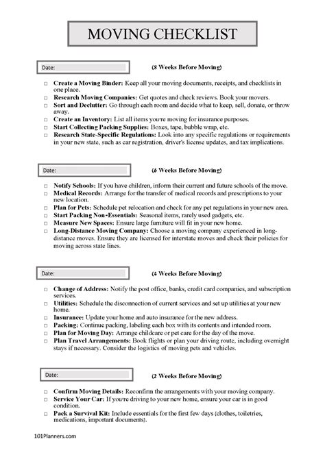 Free Comprehensive Moving Checklist Printable