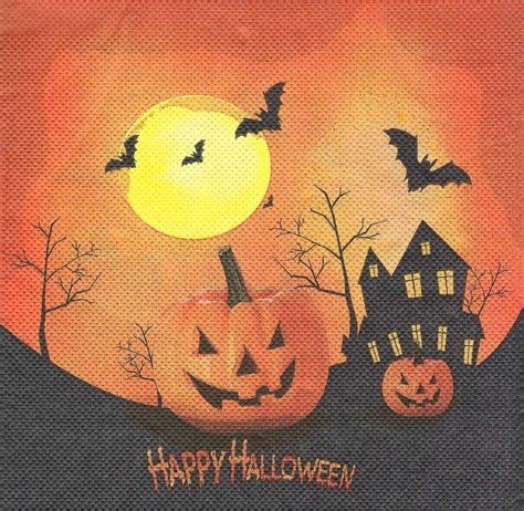 Decoupage Halloween Napkins Orange and Black Pumpkins and Haunted House ...