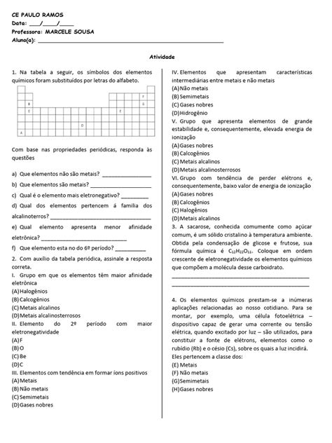 Atividade Sobre A Tabela Periódica - Atividade sobre Tabela Periódica | PDF | Metais | Tabela periódica