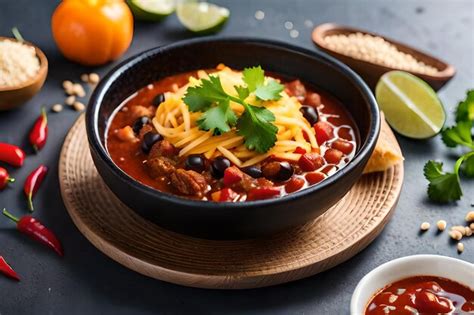 Premium AI Image | a bowl of chili with beans and beans on a table