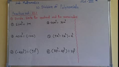 8th Mathematics Ch 10 Division Of Polynomials Practice Set 10 1