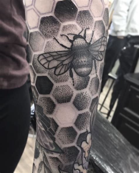 Honeycomb And Bee Tattoo Black And Gray Black Work Dot Work By Cody