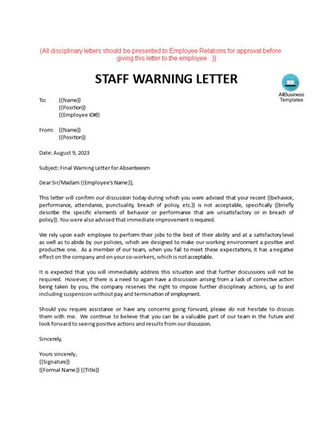 Poor Performance And Attendance Warning Letter Templates At