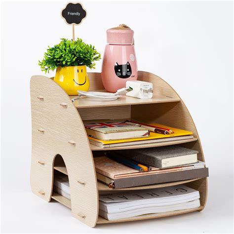 A4 Curved Wooden Desktop Storage Rack Multifunction File Shelf Drawer