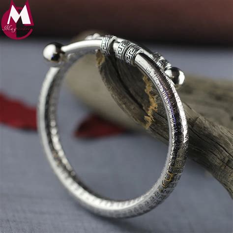 Handmade Men Women Bangles 990 Silver Tibetan Heart Sutra Female