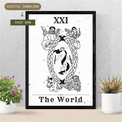 the world tarot card is displayed on a table next to some potted plants