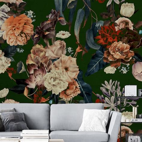 Dark Floral Wallpaper Peel And Stick Watercolor Peony Wall Etsy