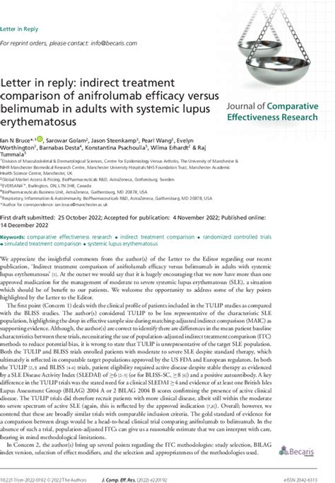 Letter In Reply Indirect Treatment Comparison Of Anifrolumab Efficacy Versus Belimumab In