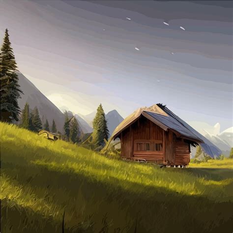 Vektor illustration kleine hütte im wald vor hintergrund berge