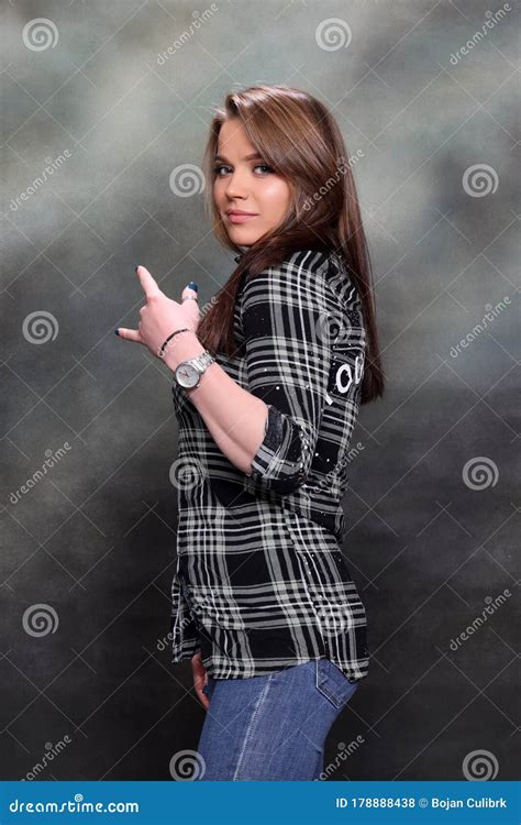 Beautiful Cute Brunette Girl Posing In Studio Fashion Photography Stock Photo Image Of