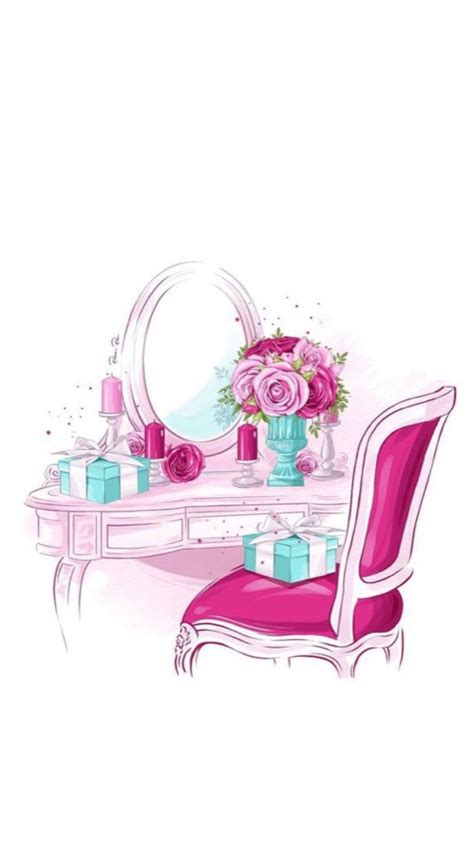 A Desk With A Mirror Chair And Flowers On Top Of It In Front Of A