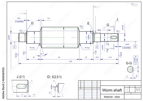 Vector drawing of a steel mechanical part with through holes. Worm shaft. Engineering cad scheme ...