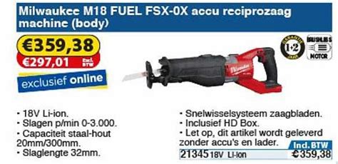 Milwaukee M18 Fuel FSX 0X Accu Reciprozaag Machine Body Aanbieding