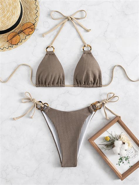 SHEIN Swim Basics Bañador bikini con tanga triángulo con diseño de aro