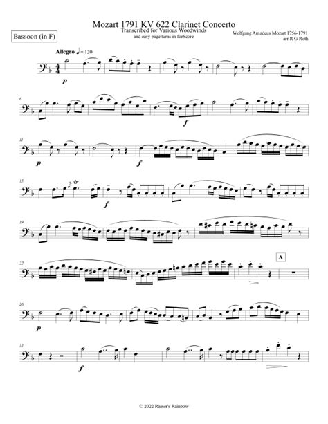 Mozart Kv Clarinet Concerto In F Bassoon Solo Part Only Arr