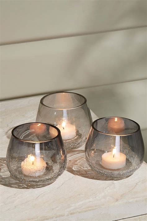 Next Set Of 3 Crackle Tea Light Holders Silver Glass Tea Light