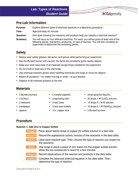 Chemistry Lab Types Of Reactions Copyright Edgenuity Inc Lab