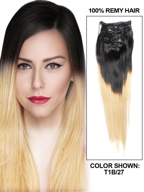 26 Inch Strawberry Blonde And Dark Black Ombre Clip In Hair Extensions Two Tone Straight 9 Pieces