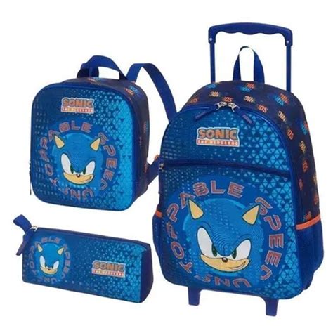 Kit Mochila De Rodinha Sonic Lancheira Estojo Sonic Geomaze Papelaria