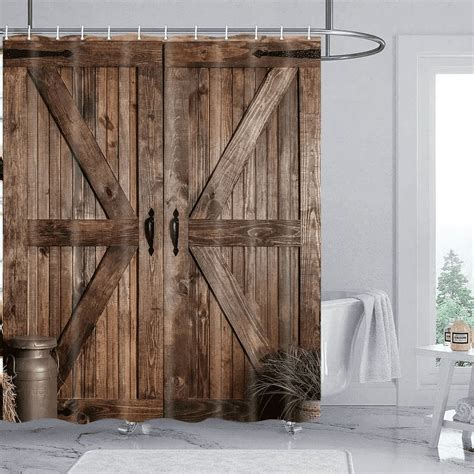 Rustic Barn Door Shower Curtain Set Farmhouse Decor Waterproof Fabric