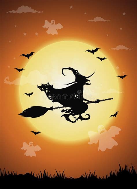 Halloween Nachtachtergrond Met Heks En Volle Maan Vector Illustratie