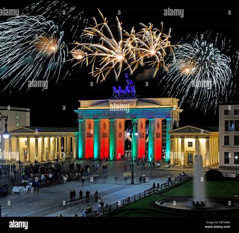 Fireworks At Brandenburg Gate At Pariser Platz Germany Berlin Stock