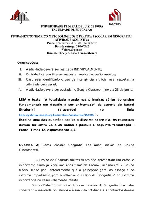 Trabalho Geografia I Atividade Plano De Aula Pedagogia Ufjf Studocu