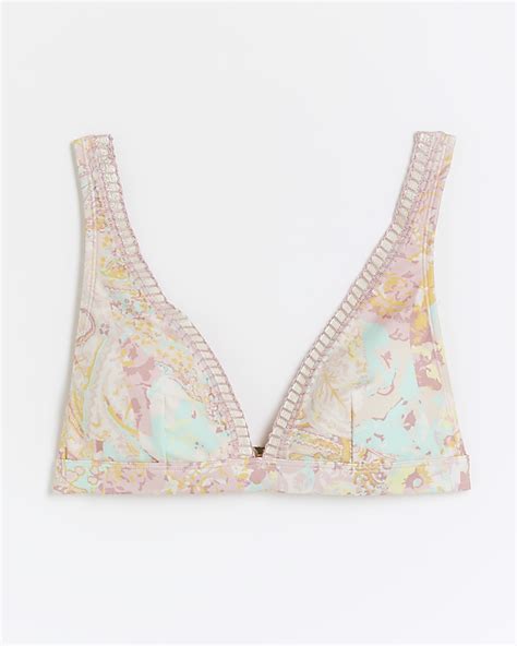 Pink Floral Plunge Bikini Top River Island