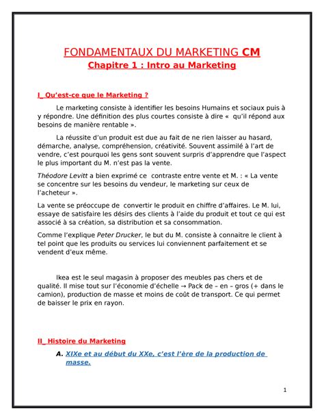 Tc1 Cm Fondamentaux Du Marketing Chapitre 1 Fondamentaux Du