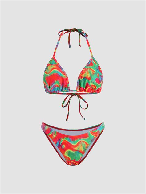 Knit Fabric Tie Dye Halter Bikini Swimsuit For Music Festival Live