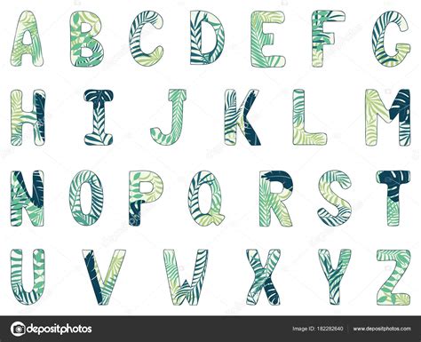 English Alphabet Capital Letters Hand Drawn Tropical Font Stock