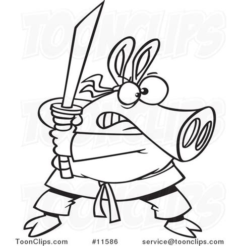 Cartoon Outlined Ninja Pig With Sword 11586 By Ron Leishman