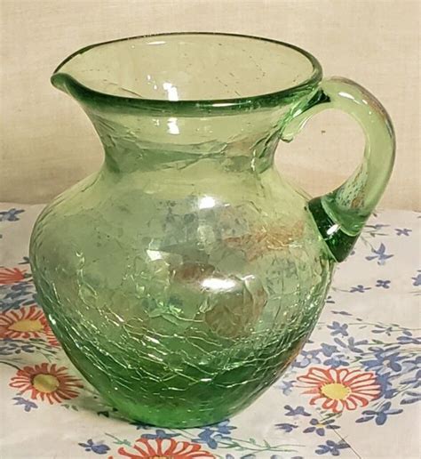 Vintage Hand Blown Green Crackle Glass 25 Mini Pitcher Vase Ebay