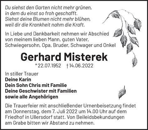 Traueranzeigen von Gerhard Misterek Märkische Onlinezeitung Trauerportal