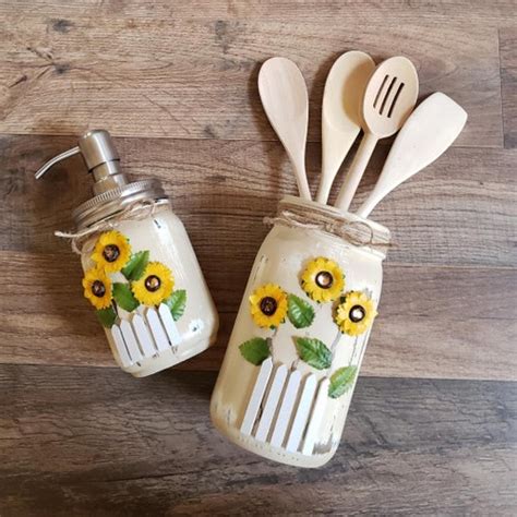 Mason Jar Utensil Holdersmason Jar Kitchen Decorsunflower Etsy