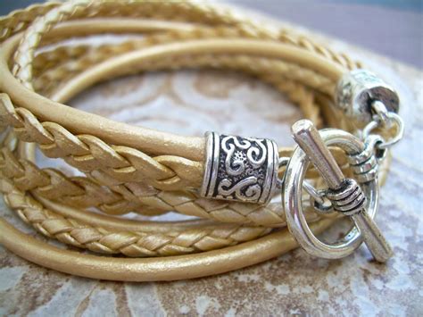 Womens Leather Bracelet Metallic Gold Triple Wrap Triple Strands