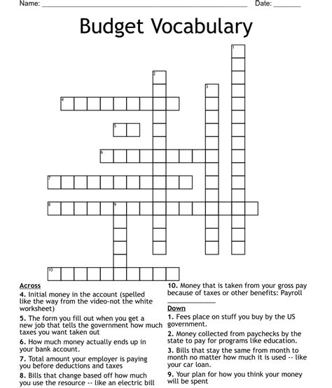 Budget Vocabulary Crossword Wordmint Budgeting Worksheets