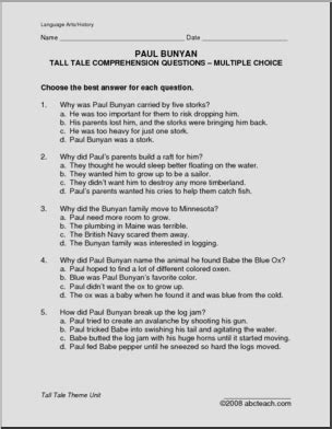 Comprehension Tall Tale Paul Bunyan Upper Elem Middle Abcteach