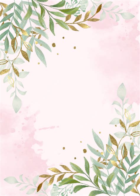 Pink Watercolor Shading Green Leafy Plant Gold Foil Effect Background