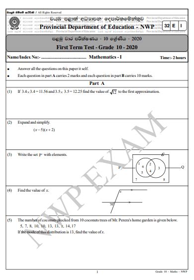 Grade Mathematics St Term Test Paper English Medium North