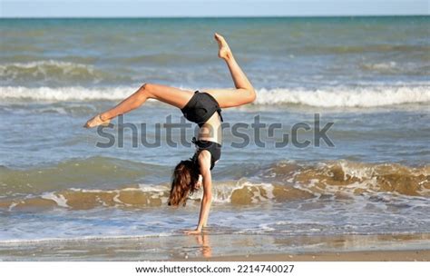 Young Barefoot Girl Black Swimsuit Rhythmic Stock Photo 2214740027 ...