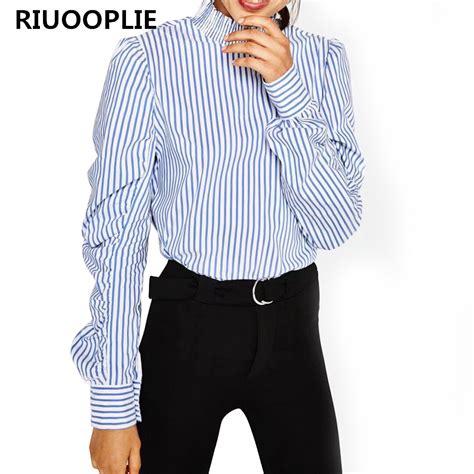 Riuooplie Women Fashion Stand Collar Blue Stripe Blouses Long Puff