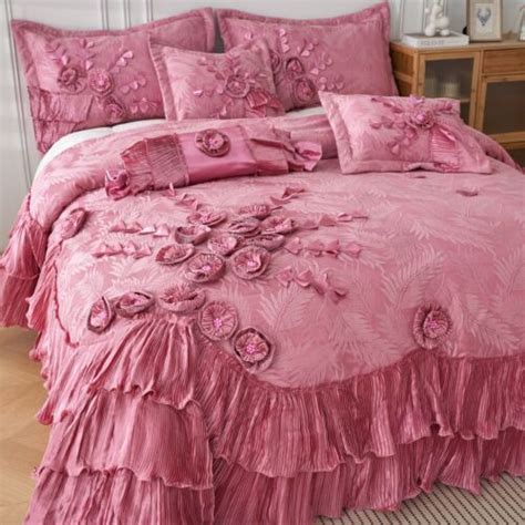 Tache 6 Piece Fancy Satin Pink Royal Dreams Ruffled Floral Comforter