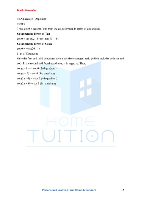 Cotangent formula-Detail Explanation With Solved Examples