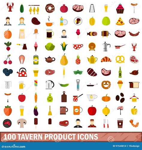 100 Tavern Product Icons Set Flat Style Stock Vector Illustration Of