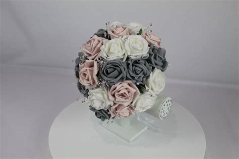 Realistic Artificial Blush Pink White Grey Wedding Bouquet Singles